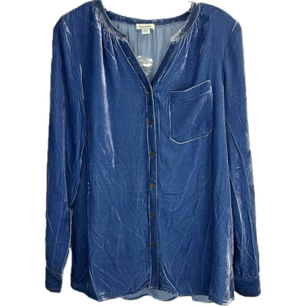 NWT Sundance Catalog Romance Velvet Silk Blend Top Blue Fairy Button Down Size S